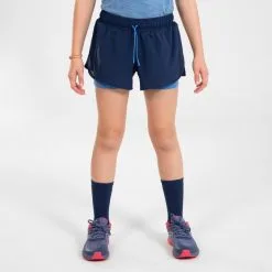 Pantalón Corto Mallas Running Transpirable Niña - KIPRUN DRY+ 2 En 1 Tejano Y Malva -Regattas Tienda pantalon corto mallas running transpirable nia kiprun dry 2 en 1 azul marino y azul